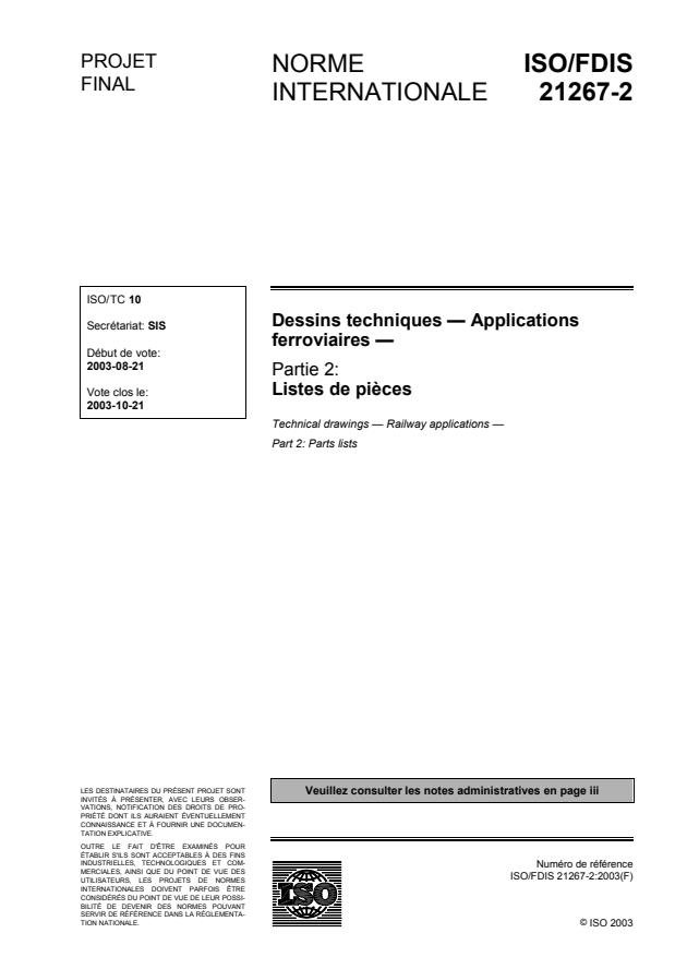 ISO/FDIS 21267-2 - Dessins techniques -- Applications ferroviaires