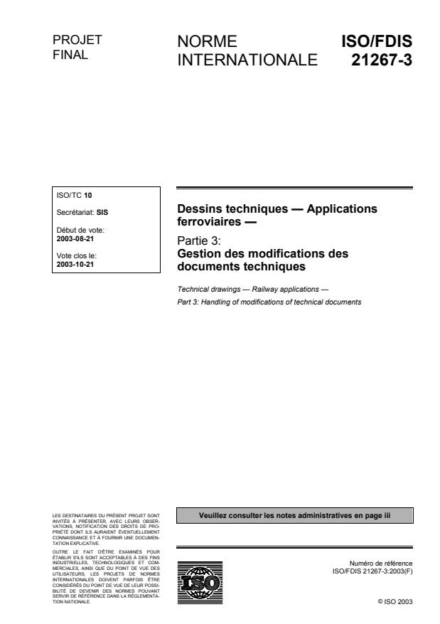 ISO/FDIS 21267-3 - Dessins techniques -- Applications ferroviaires