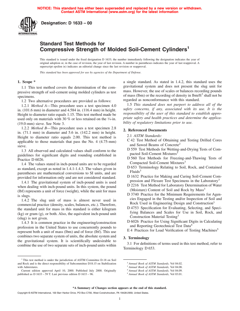 ASTM D1633-00 - Standard Test Method for Compressive Strength of Molded Soil-Cement Cylinders