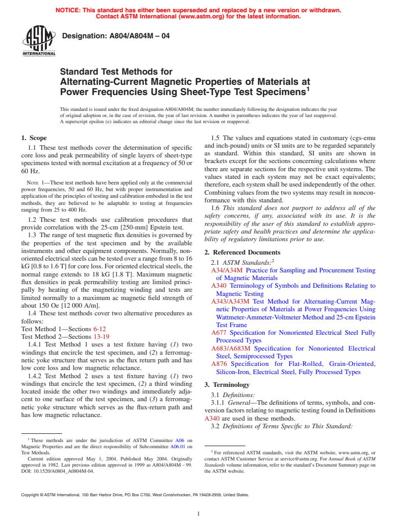 ASTM A804/A804M-04 - Standard Test Methods for Alternating-Current Magnetic Properties of Materials at Power Frequencies Using Sheet-Type Test Specimens