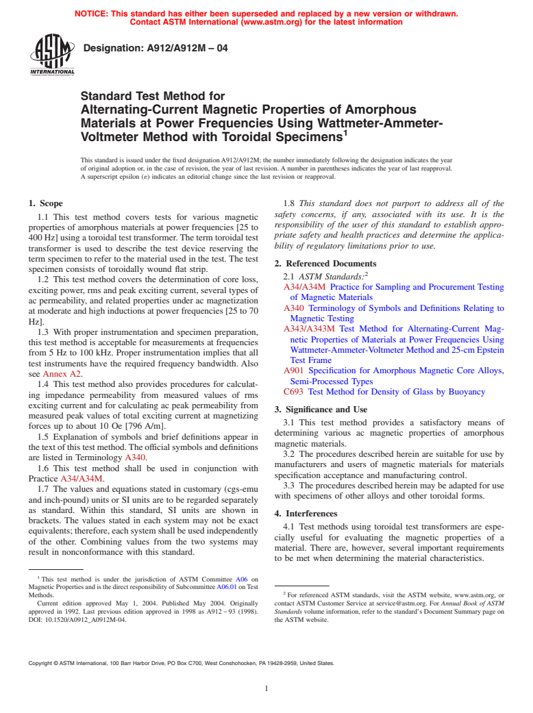 ASTM A912/A912M-04 - Standard Test Method for Alternating-Current Magnetic Properties of Amorphous Materials at Power Frequencies Using Wattmeter-Ammeter-Voltmeter Method with Toroidal Specimens