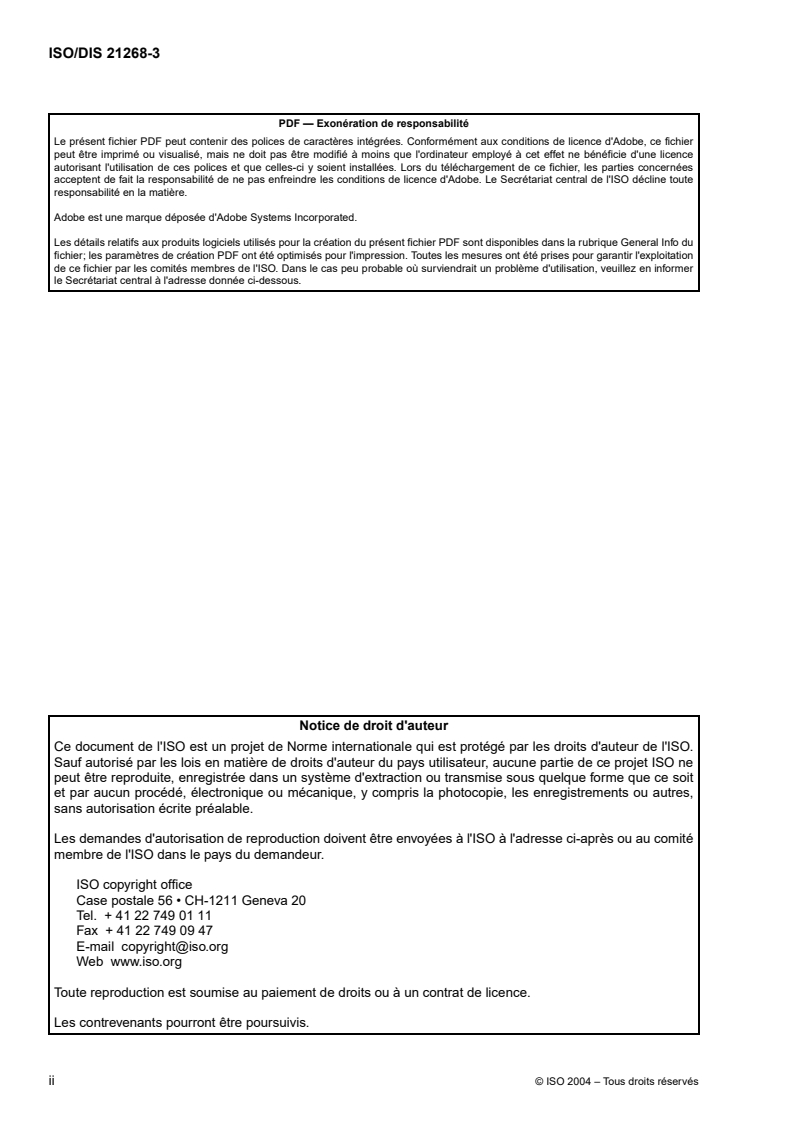 ISO/CD 21268-3 ISO/CD 21268-3 - Qualité du sol — Modes opératoires de lixiviation en vue d'essais chimiques et écotoxicologiques ultérieurs des sols et matériaux du sol — Partie 3: Essai de percolation à écoulement ascendant
Released:9/20/2004 - Page 2 preview