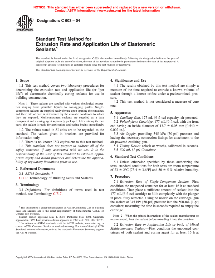 ASTM C603-04 - Standard Test Method for Extrusion Rate and Application Life of Elastomeric Sealants