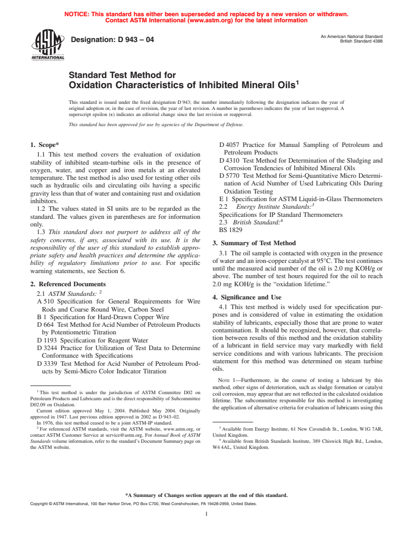 ASTM D943-04 - Standard Test Method for Oxidation Characteristics of Inhibited Mineral Oils