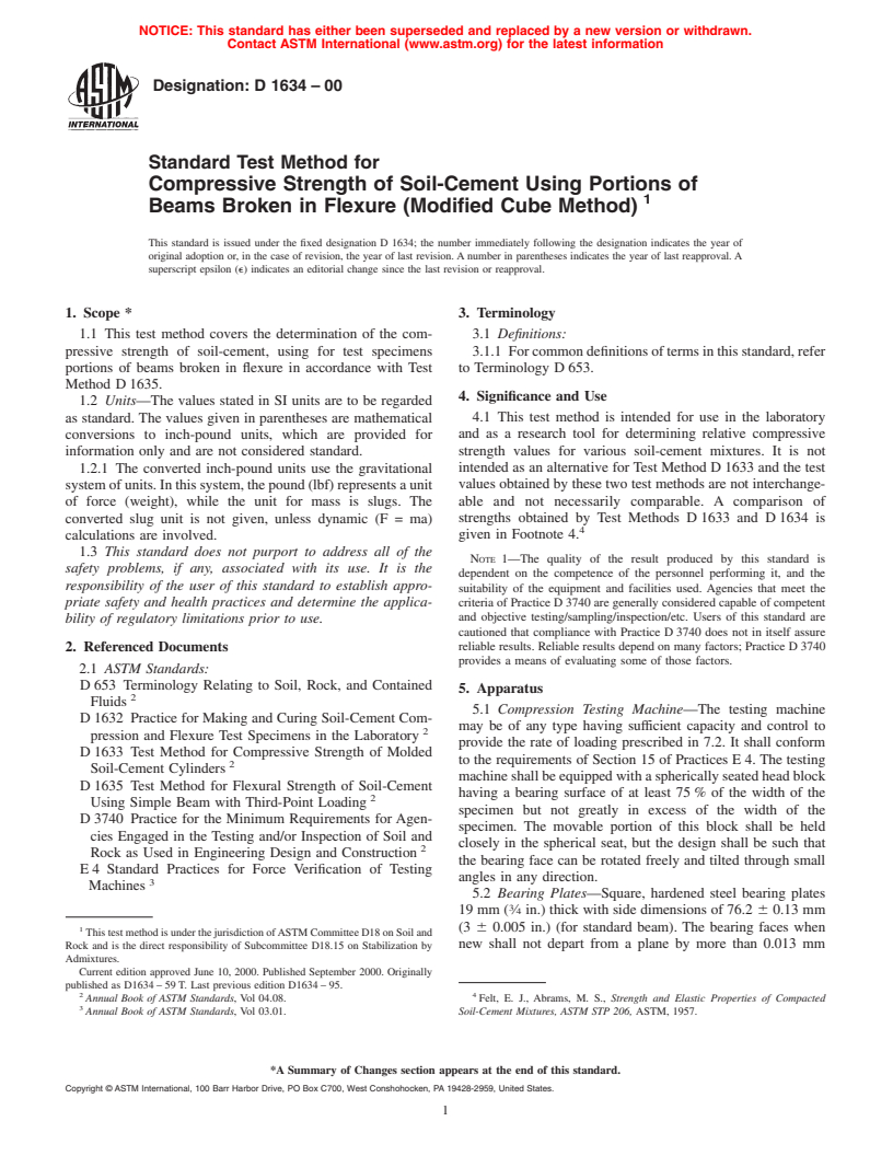 ASTM D1634-00 - Standard Test Method for Compressive Strength of Soil-Cement Using Portions of Beams Broken in Flexure (Modified Cube Method)