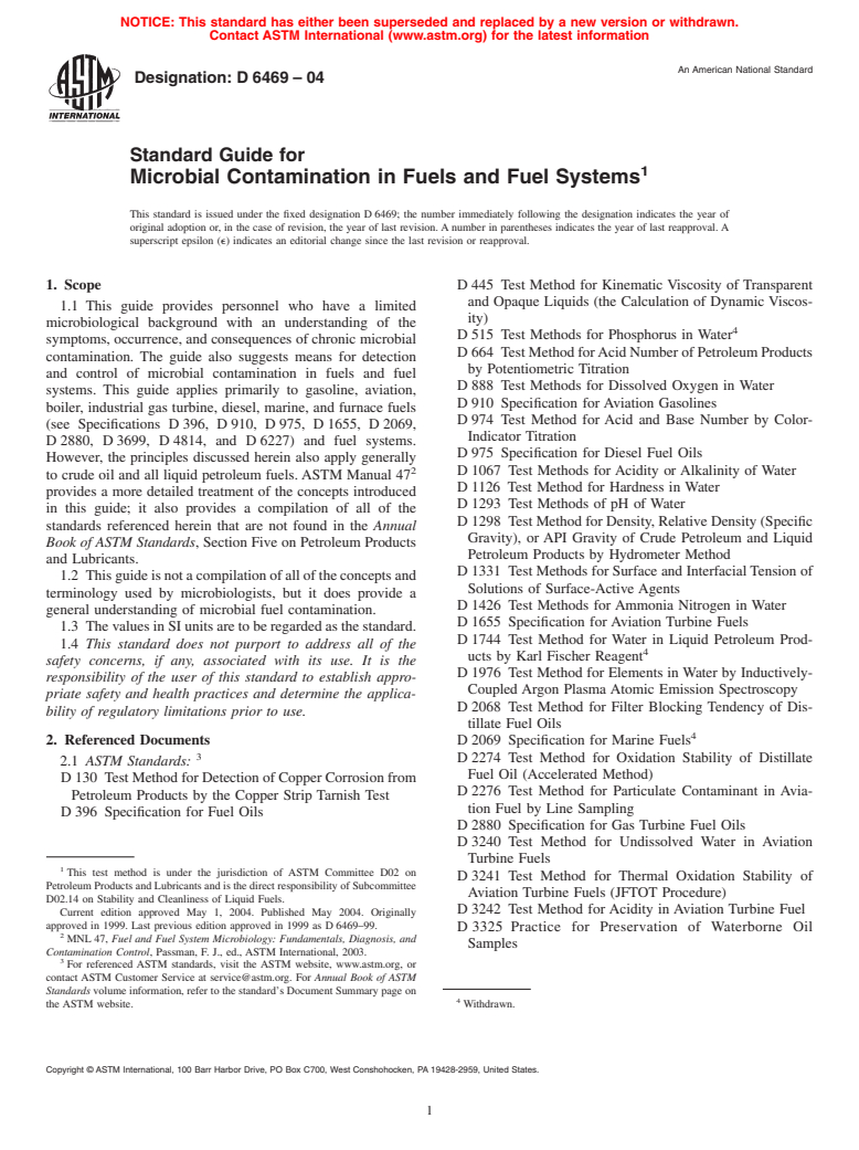 ASTM D6469-04 - Standard Guide for Microbial Contamination in Fuels and Fuel Systems