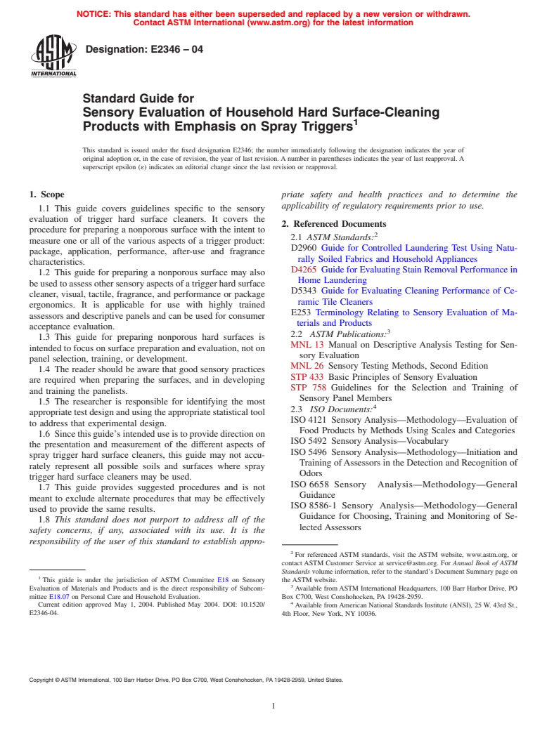 ASTM E2346-04 - Standard Guide for Sensory Evaluation of Household Hard Surface-Cleaning Products with Emphasis on Spray Triggers