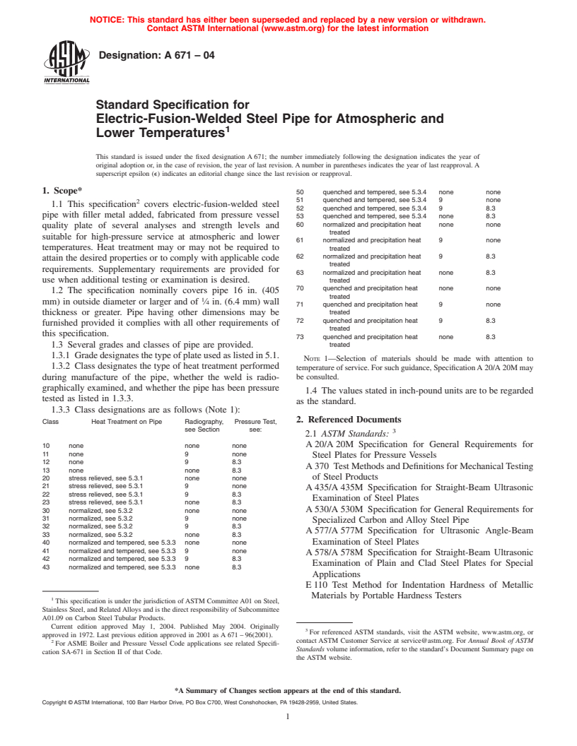 ASTM A671-04 - Standard Specification for Electric-Fusion-Welded Steel Pipe for Atmospheric and Lower Temperatures