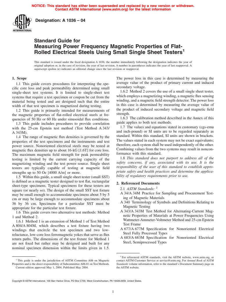 ASTM A1036-04 - Standard Guide for Measuring Power Frequency Magnetic Properties of Flat-Rolled Electrical Steels Using Small Single Sheet Testers