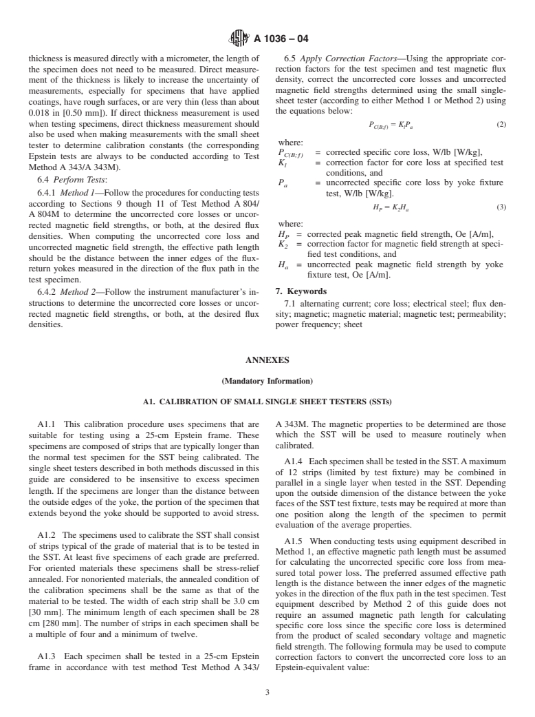 ASTM A1036-04 - Standard Guide for Measuring Power Frequency Magnetic Properties of Flat-Rolled Electrical Steels Using Small Single Sheet Testers