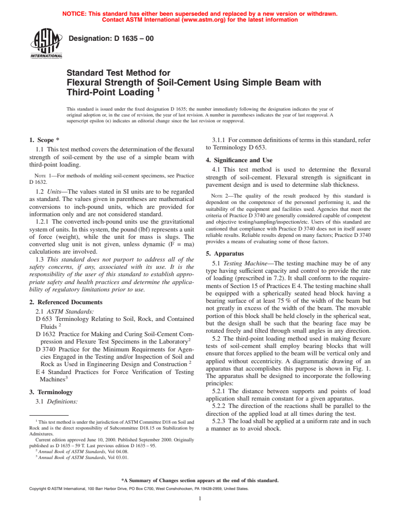 ASTM D1635-00 - Standard Test Method for Flexural Strength of Soil-Cement Using Simple Beam with Third-Point Loading