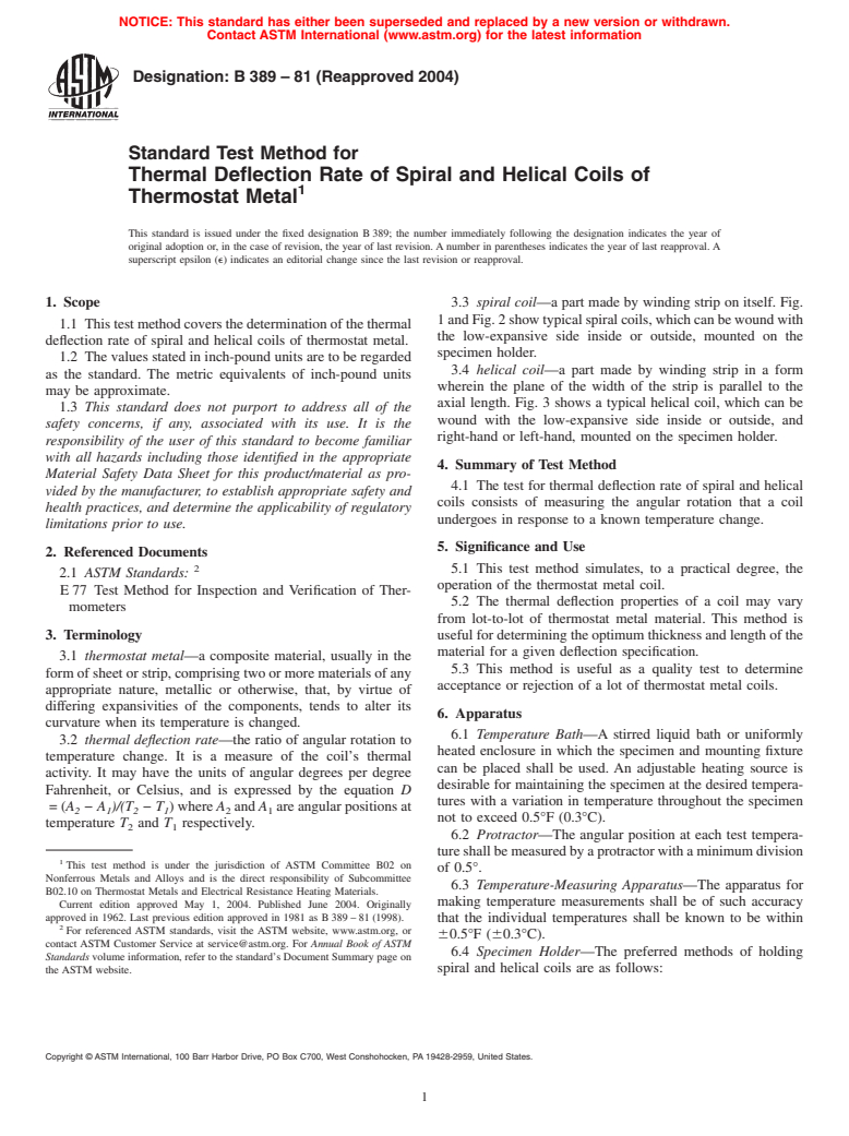 ASTM B389-81(2004) - Standard Test Method for Thermal Deflection Rate of Spiral and Helical Coils of Thermostat Metal