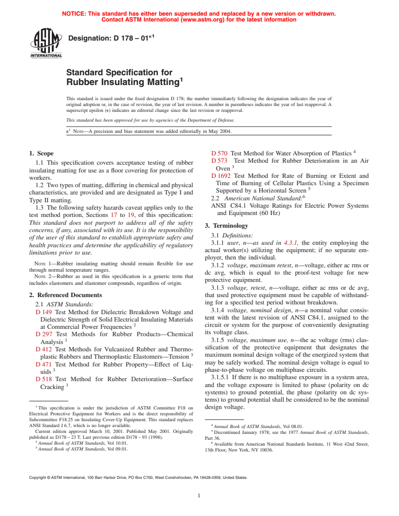 ASTM D178-01e1 - Standard Specification for Rubber Insulating Matting