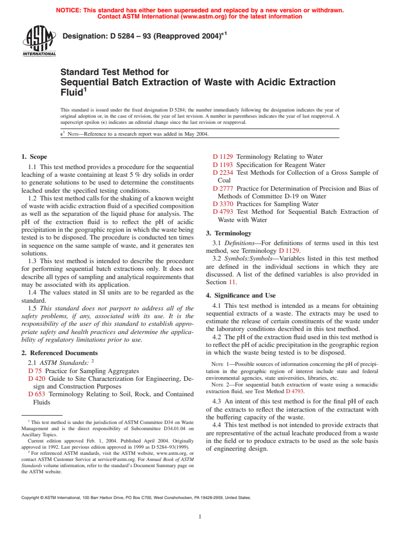 ASTM D5284-93(2004)e1 - Standard Test Method for Sequential Batch Extraction of Waste with Acidic Extraction Fluid