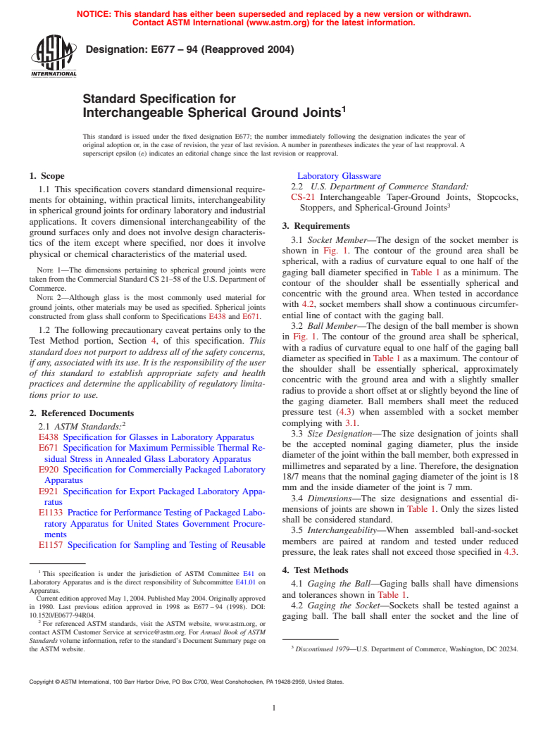 ASTM E677-94(2004) - Standard Specification for Interchangeable Spherical Ground Joints