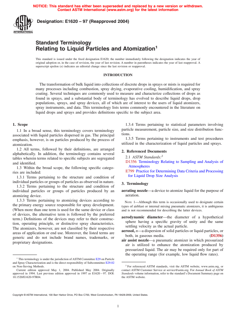 ASTM E1620-97(2004) - Standard Terminology Relating to Liquid Particles and Atomization