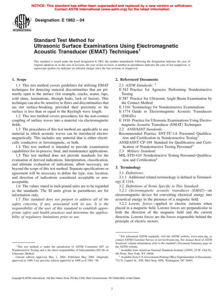 ASTM E1962-04 - Standard Test Method for Ultrasonic Surface Examinations Using Electromagnetic Acoustic Transducer (EMAT) Techniques