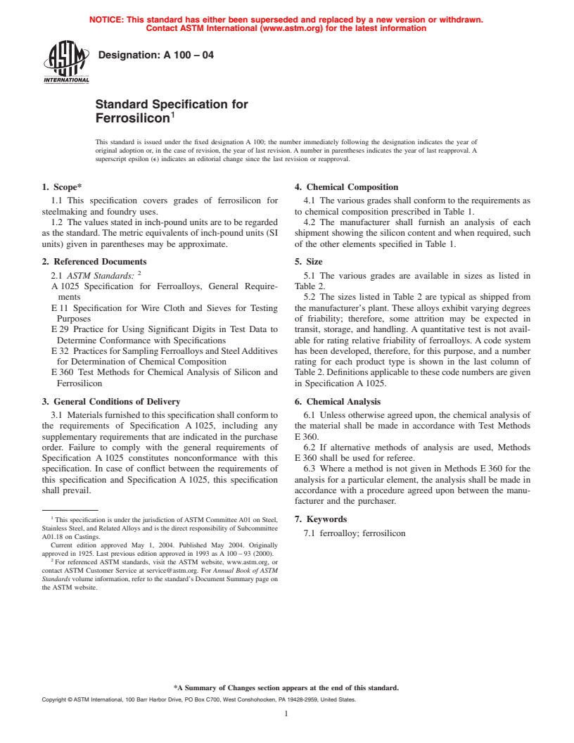 ASTM A100-04 - Standard Specification for Ferrosilicon