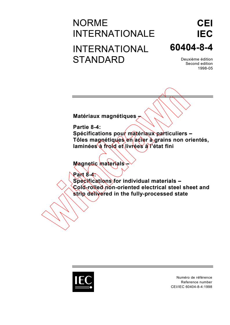 IEC 60404-8-4:1998 - Magnetic materials - Part 8-4: Specifications for individual materials - Cold-rolled non-oriented electrical steel sheet and strip delivered in the fully-processed state
Released:5/20/1998
Isbn:2831843839