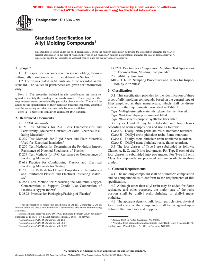 ASTM D1636-99 - Standard Specification for Allyl Molding Compounds