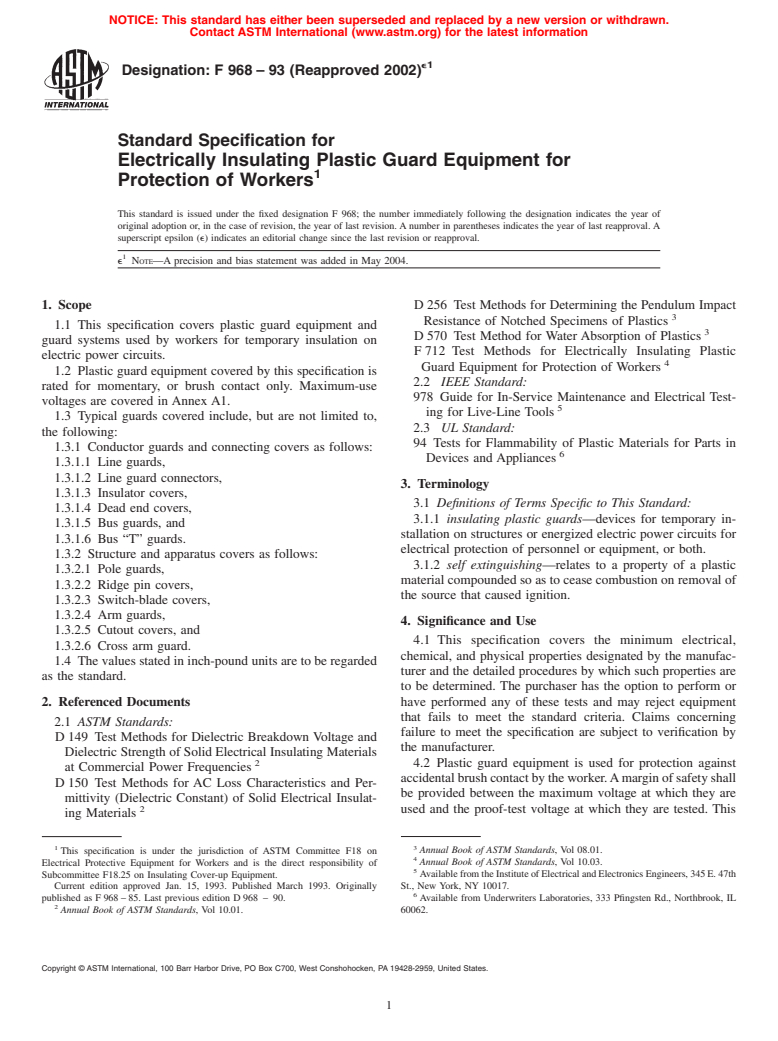 ASTM F968-93(2002)e1 - Standard Specification for Electrically Insulating Plastic Guard Equipment for Protection of Workers (Withdrawn 2008)