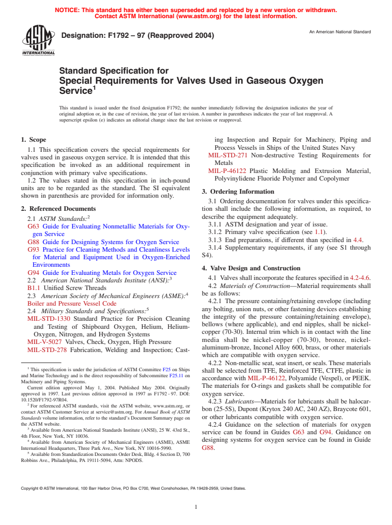 ASTM F1792-97(2004) - Standard Specification for Special Requirements for Valves Used in Gaseous Oxygen Service