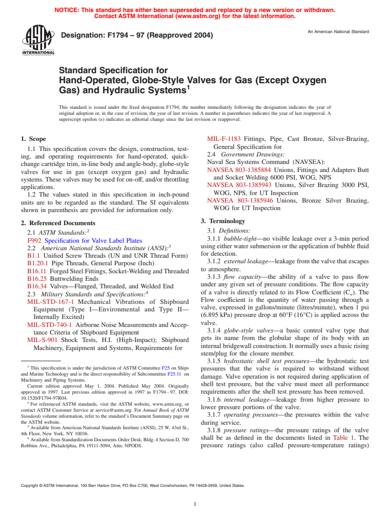 ASTM F1794-97(2004) - Standard Specification for Hand-Operated, Globe-Style Valves for Gas (Except Oxygen Gas), and Hydraulic Systems