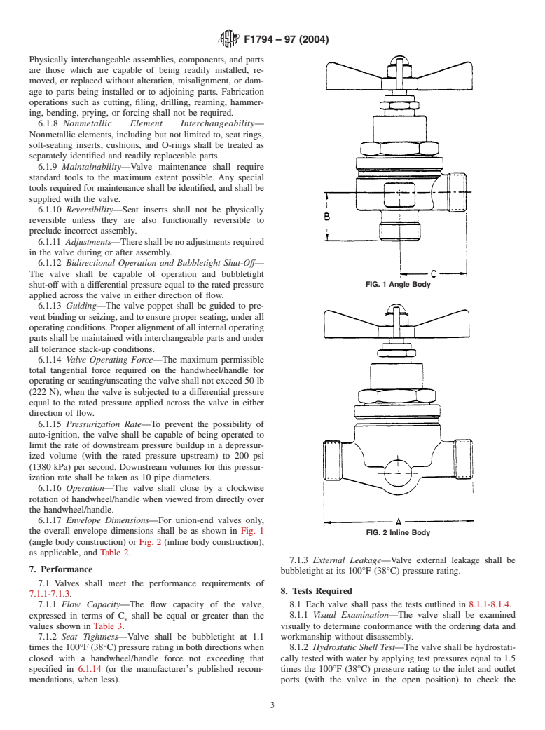 ASTM F1794-97(2004) - Standard Specification for Hand-Operated, Globe-Style Valves for Gas (Except Oxygen Gas), and Hydraulic Systems