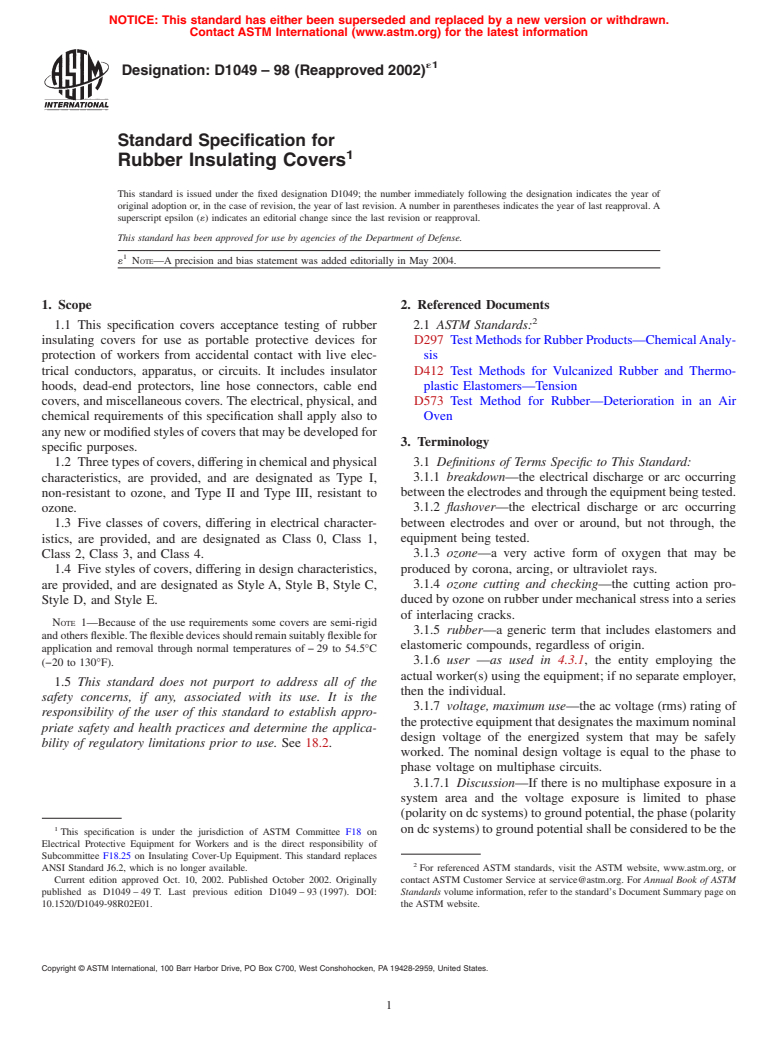 ASTM D1049-98(2002)e1 - Standard Specification for Rubber Insulating Covers