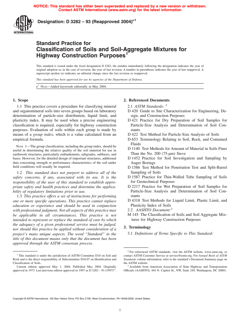 ASTM D3282-93(2004)e1 - Standard Practice for Classification of Soils and Soil-Aggregate Mixtures for Highway Construction Purposes