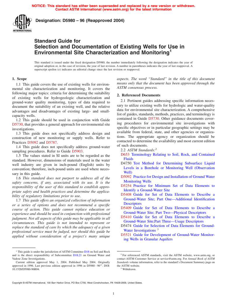 ASTM D5980-96(2004) - Standard Guide for Selection and Documentation of Existing Wells for Use in Environmental Site Characterization and Monitoring