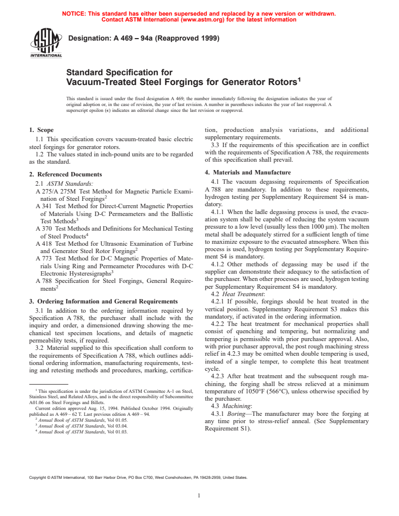 ASTM A469-94a(1999) - Standard Specification for Vacuum-Treated Steel Forgings for Generator Rotors