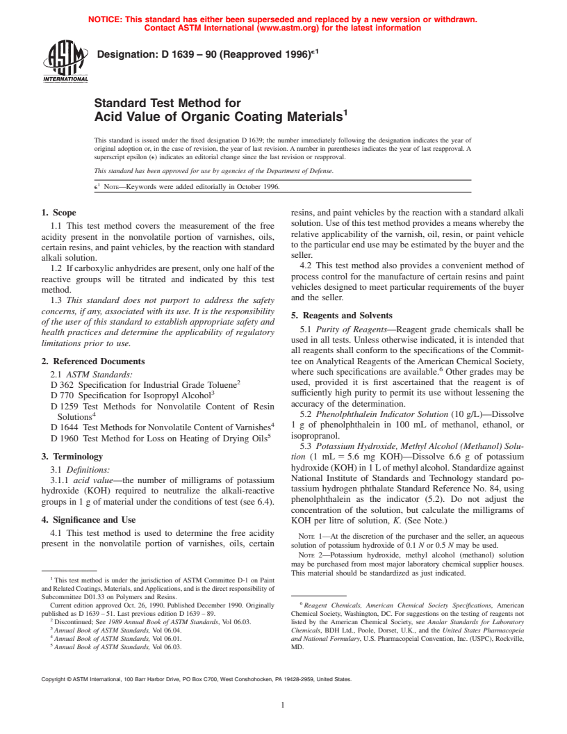 ASTM D1639-90(1996)e1 - Standard Test Method for Acid Value of Organic Coating Materials (Withdrawn 2005)