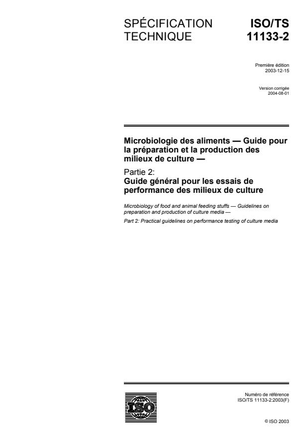 ISO/TS 11133-2:2003 - Microbiologie des aliments -- Guide pour la préparation et la production des milieux de culture