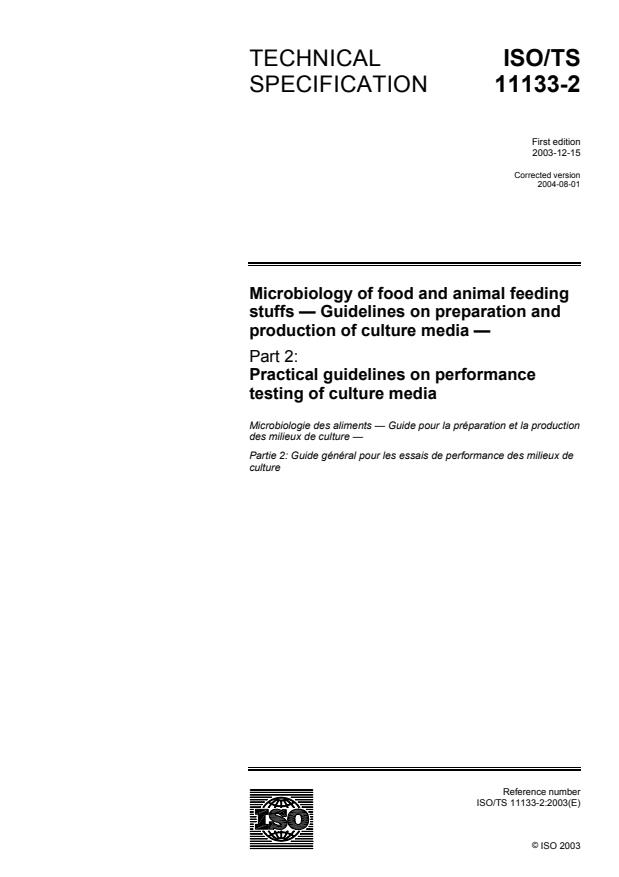 ISO/TS 11133-2:2003 - Microbiology of food and animal feeding stuffs -- Guidelines on preparation and production of culture media