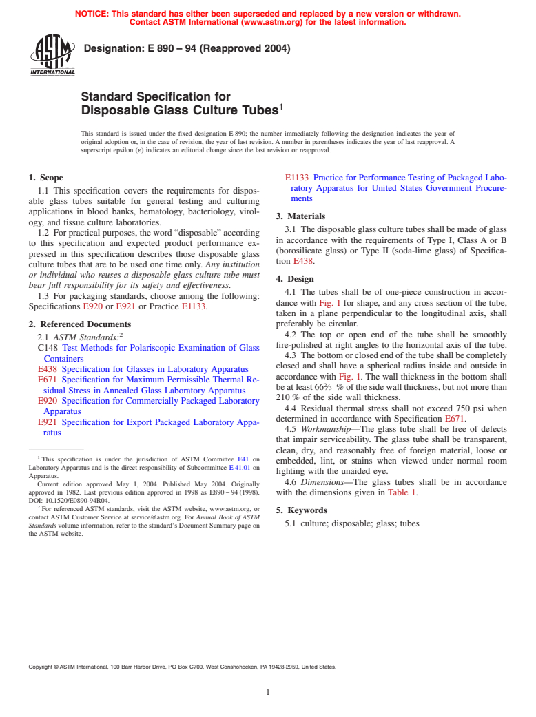 ASTM E890-94(2004) - Standard Specification for Disposable Glass Culture Tubes