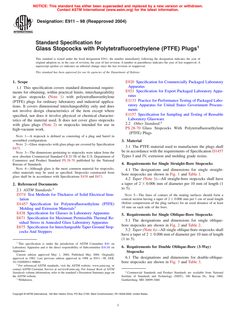 ASTM E911-98(2004) - Standard Specification for Glass Stopcocks with Polytetrafluoroethylene (PTFE) Plugs