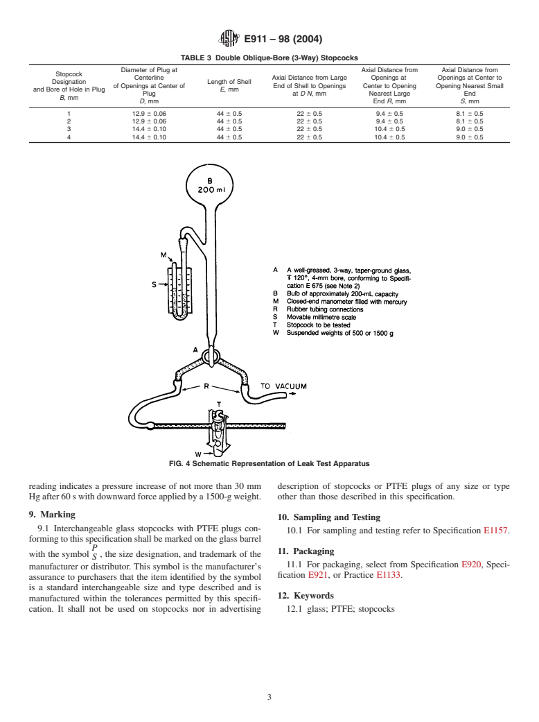 ASTM E911-98(2004) - Standard Specification for Glass Stopcocks with Polytetrafluoroethylene (PTFE) Plugs