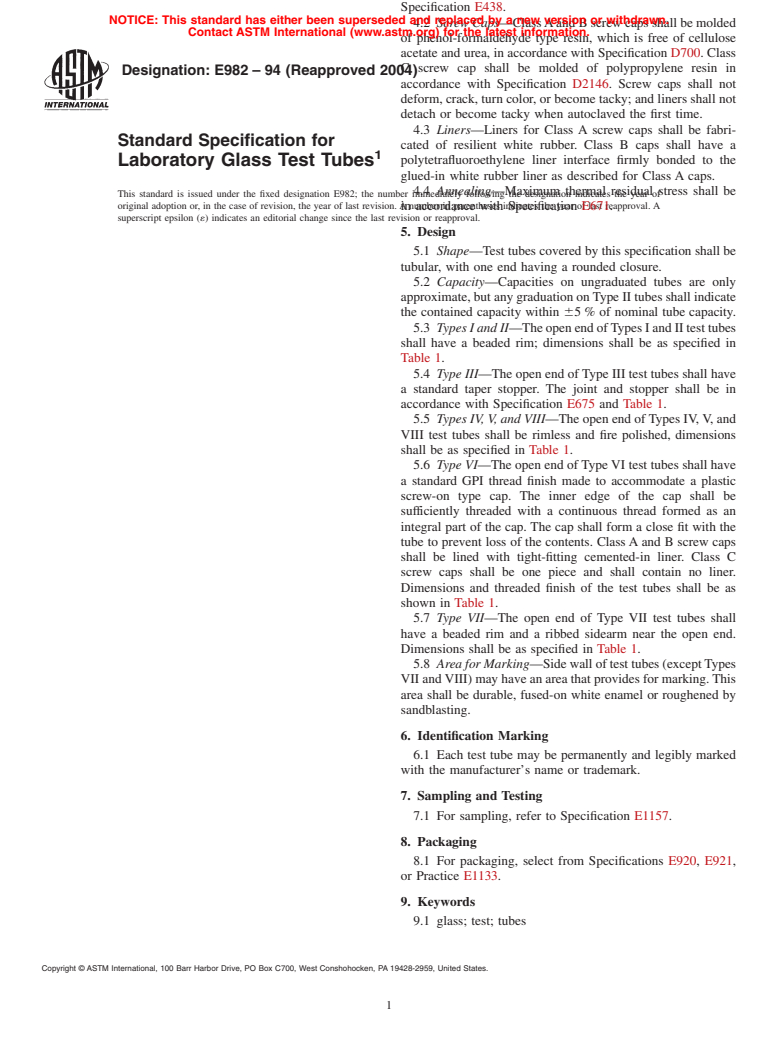 ASTM E982-94(2004) - Standard Specification for Laboratory Glass Test Tubes