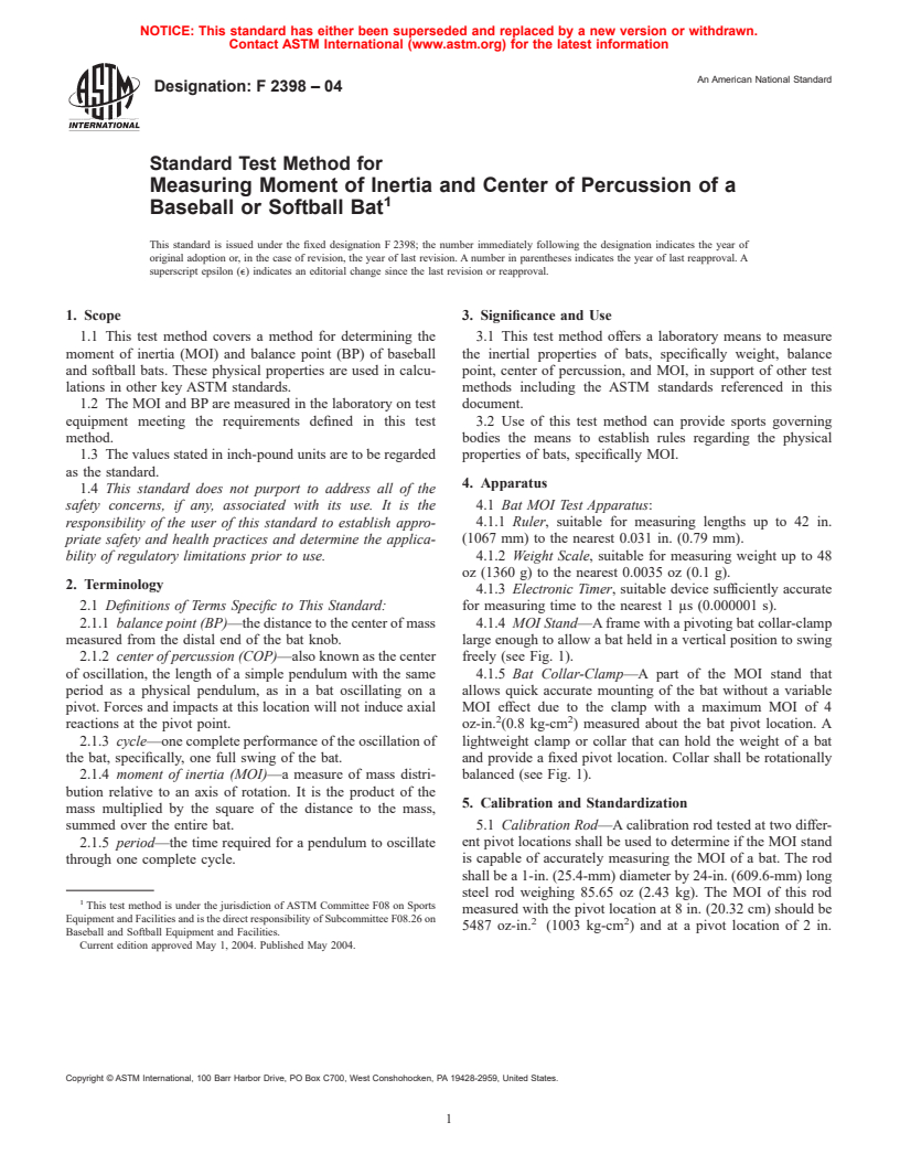 ASTM F2398-04 - Standard Test Method for Measuring Moment of Inertia and Center of Percussion of a Baseball or Softball Bat