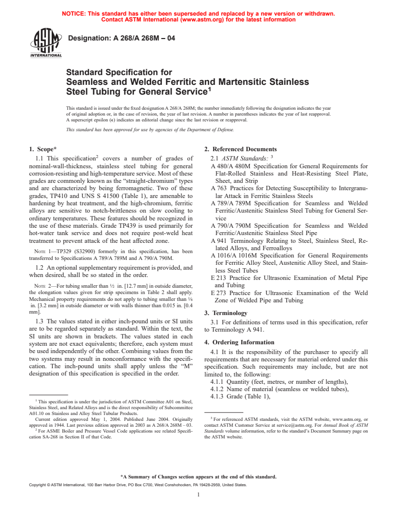 ASTM A268/A268M-04 - Standard Specification for Seamless and Welded Ferritic and Martensitic Stainless Steel Tubing for General Service