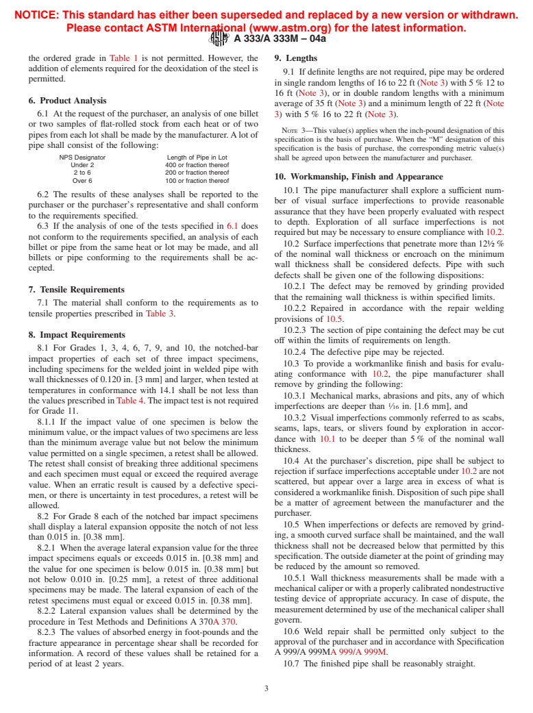 ASTM A333/A333M-04a - Standard Specification for Seamless and Welded Steel Pipe for Low-Temperature Service