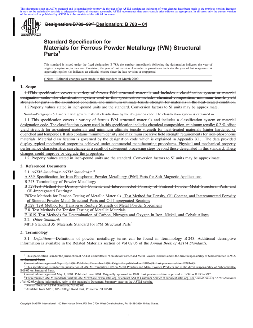 REDLINE ASTM B783-04 - Standard Specification for Materials for Ferrous Powder Metallurgy (P/M) Structural Parts