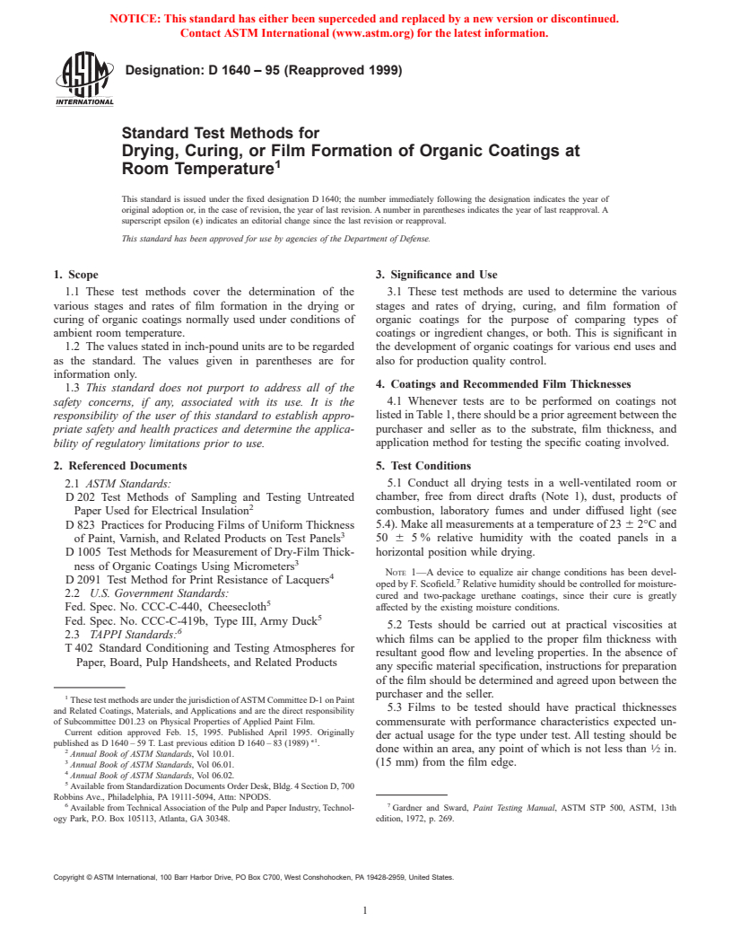 ASTM D1640-95(1999) - Standard Test Methods for Drying, Curing, or Film Formation of Organic Coatings at Room Temperature