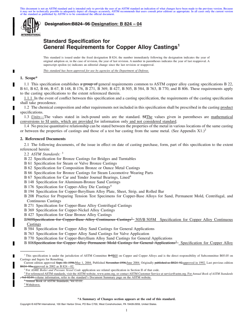 REDLINE ASTM B824-04 - Standard Specification for General Requirements for Copper Alloy Castings