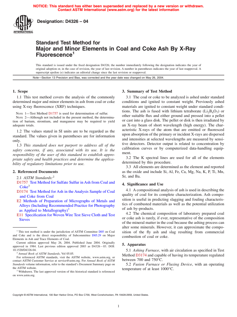 ASTM D4326-04 - Standard Test Method for Major and Minor Elements in Coal and Coke Ash By X-Ray Fluorescence