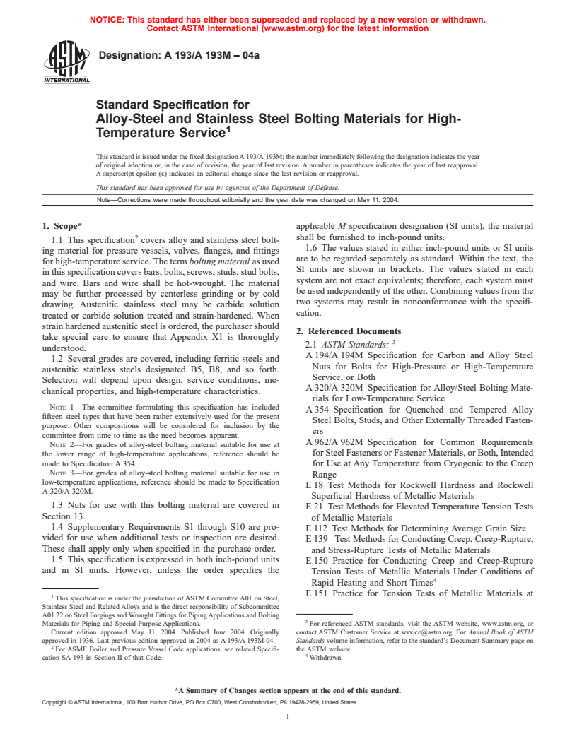 ASTM A193/A193M-04a - Standard Specification for Alloy-Steel and Stainless Steel Bolting Materials for High-Temperature Service