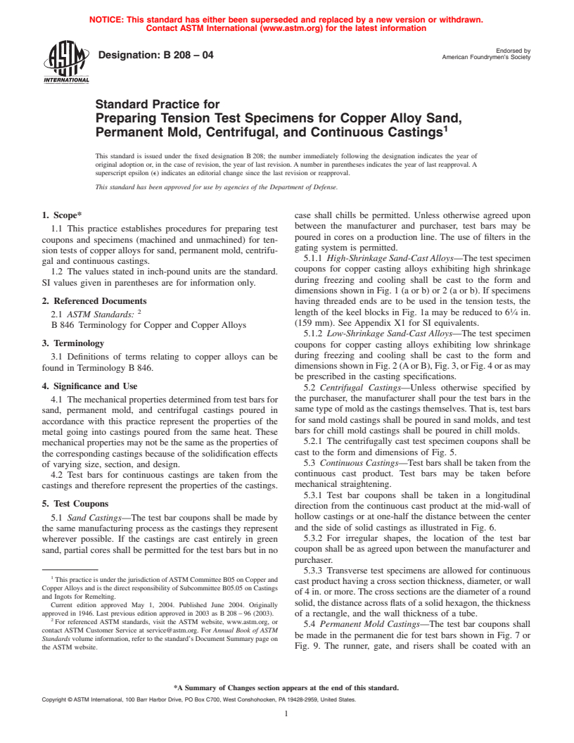 ASTM B208-04 - Standard Practice for Preparing Tension Test Specimens for Copper Alloy Sand, Permanent Mold, Centrifugal, and Continuous Castings