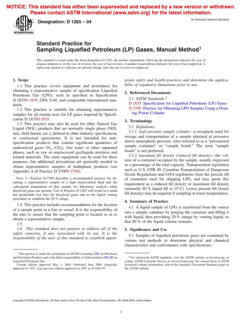ASTM D1265-04 - Standard Practice for Sampling Liquefied Petroleum (LP) Gases (Manual Method)