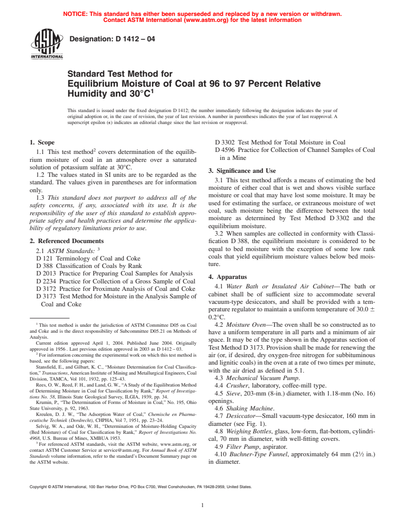 ASTM D1412-04 - Standard Test Method for Equilibrium Moisture of Coal at 96 to 97 Percent Relative Humidity and 30&#176;C